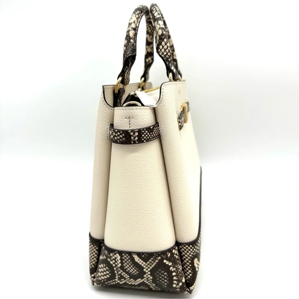 Michael Kors Large Reed Leather Belted Satchel Crossbody Bag Cream Snakeskin